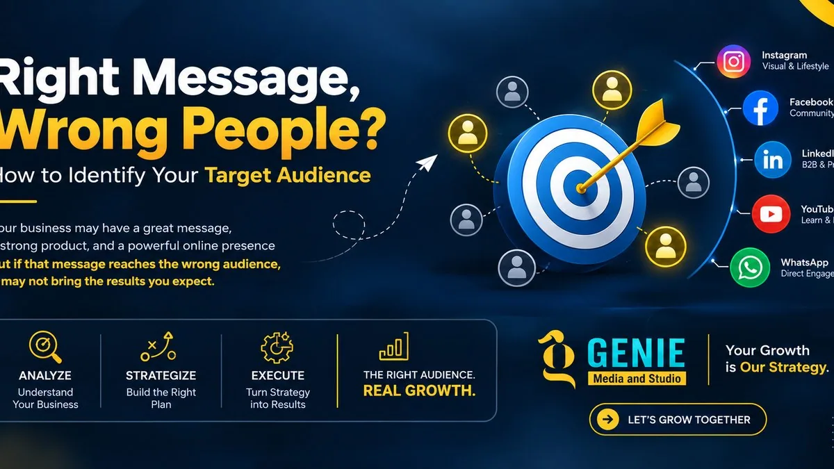 Digital marketing target audience strategy showing the right message, audience targeting, social media platforms, and Genie Media’s Analyze, Strategize, Execute approach.